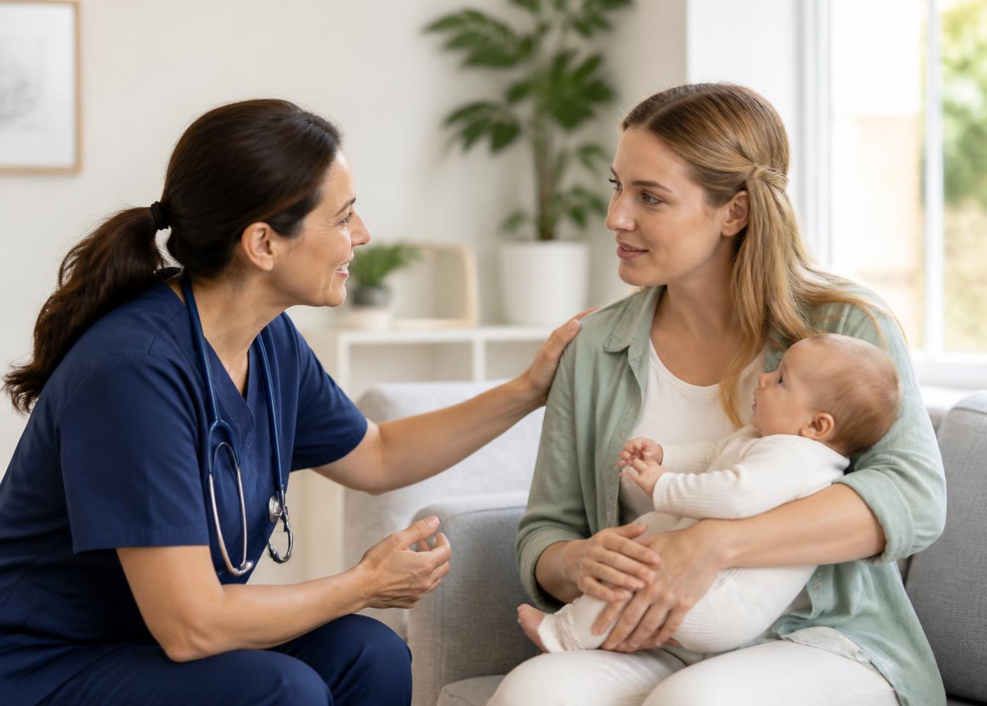Profesional de la salud acompañando a una mamá con su bebé en consulta