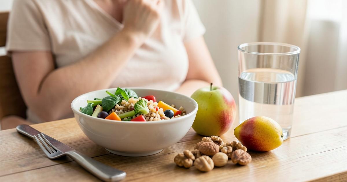 Comida sencilla y saludable sobre una mesa de madera con un vaso de agua, fruta y frutos secos