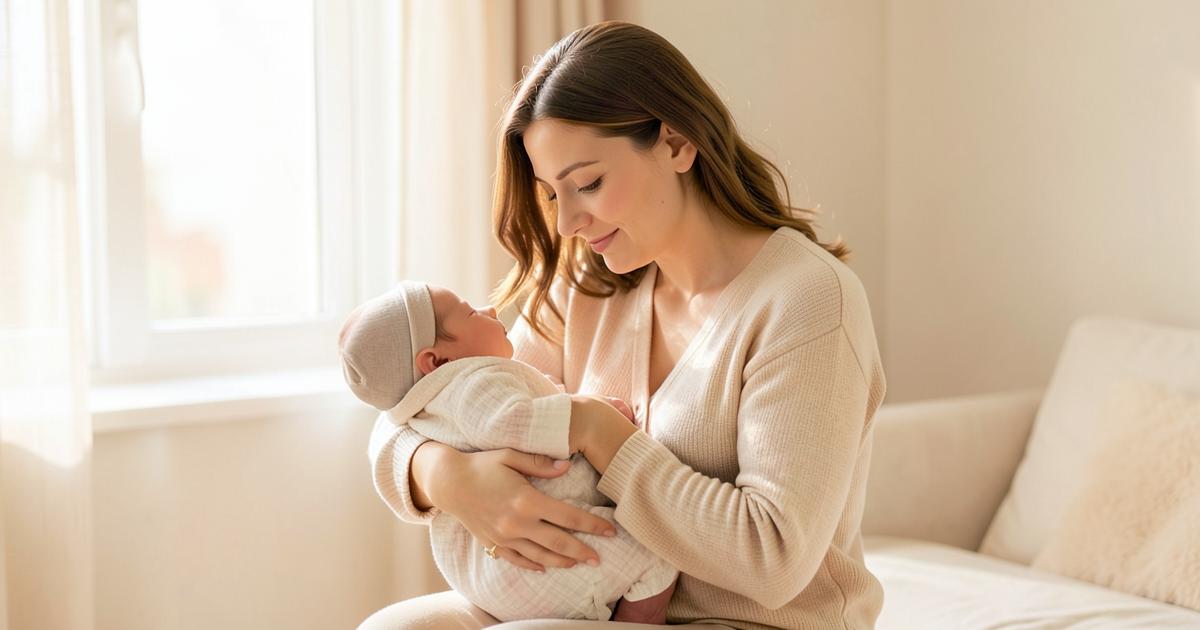 Mamá sosteniendo a su bebé recién nacido junto a una ventana con luz suave