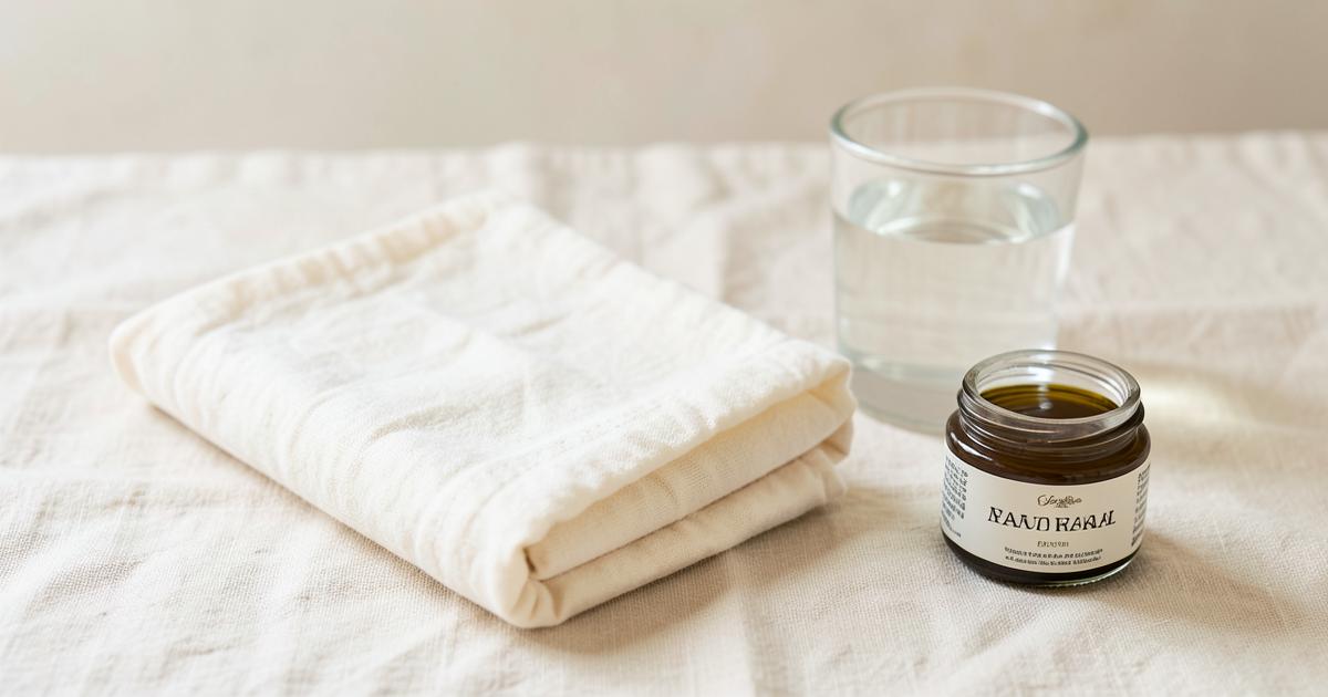 Paño de algodón doblado, un vaso de agua y un frasco de bálsamo natural sobre lino color crema
