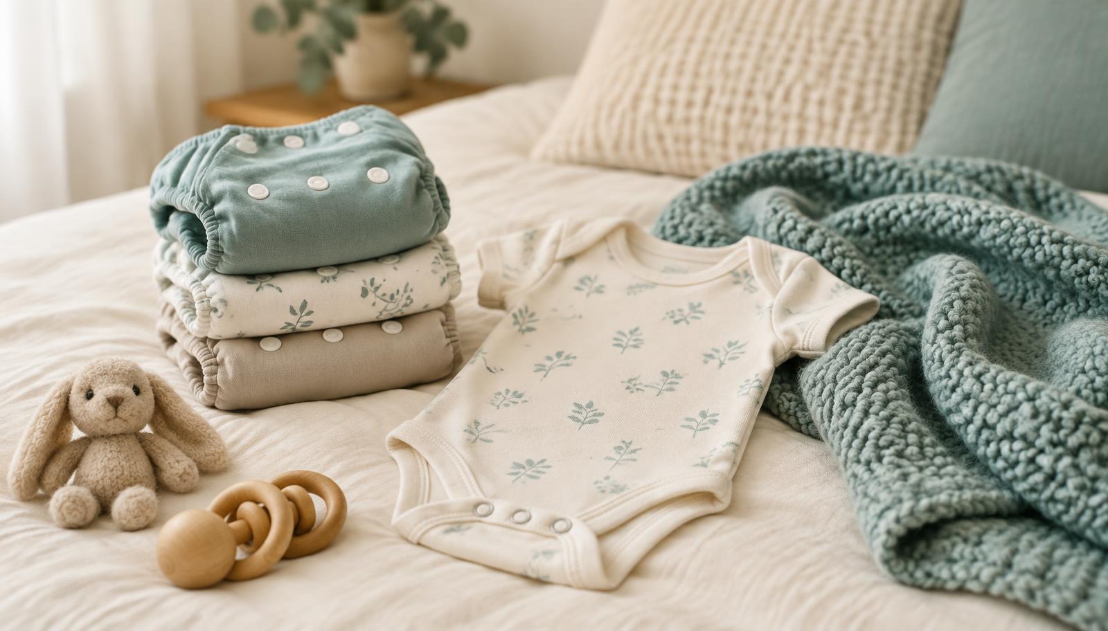 Pañales de tela doblados, un body de bebé y una manta tejida sobre una cama con ropa de cama color crema