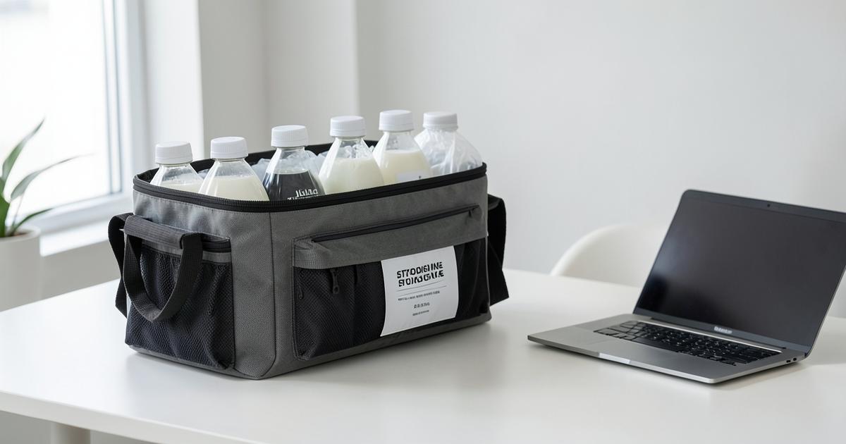 Bolso con nevera portátil, frascos de leche etiquetados y un computador sobre un escritorio blanco